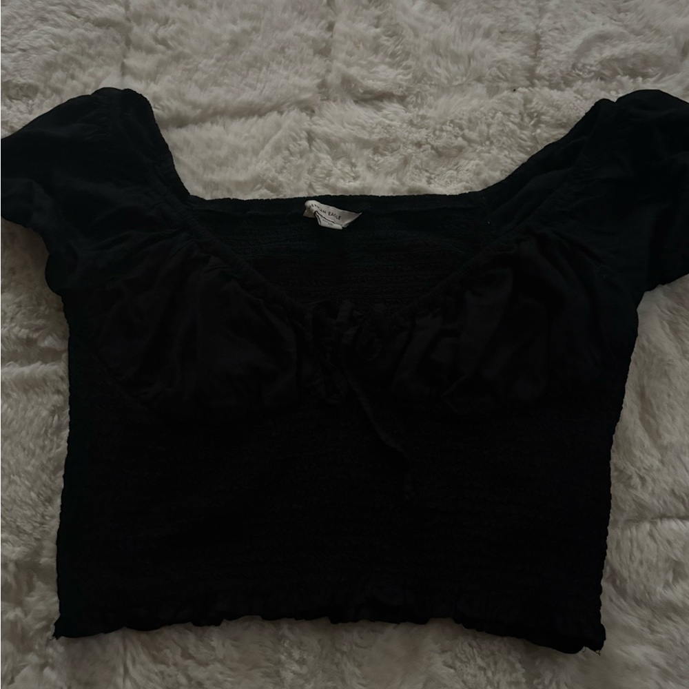 American Eagle Outfitters Black Ruched Crop Blouse